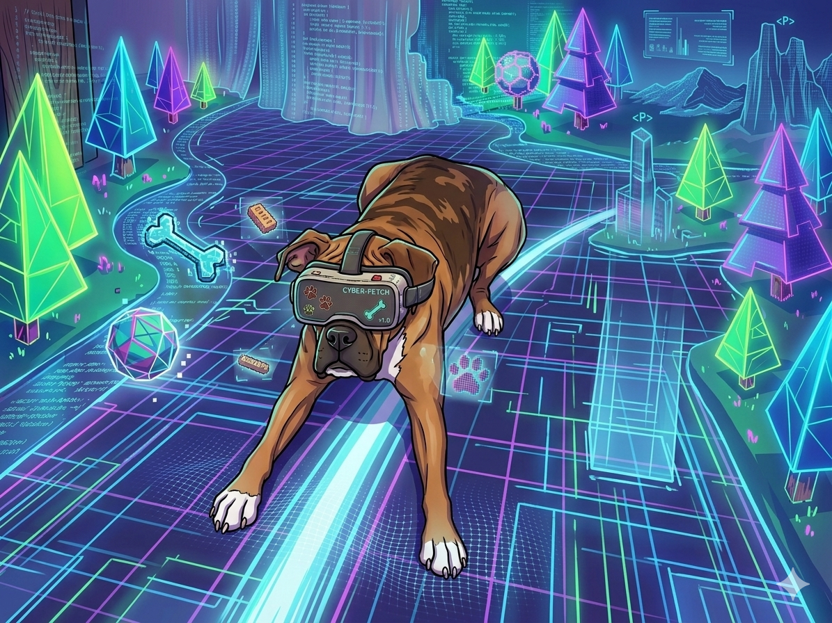 Boxer dog wearing VR goggles in an immersive digital world